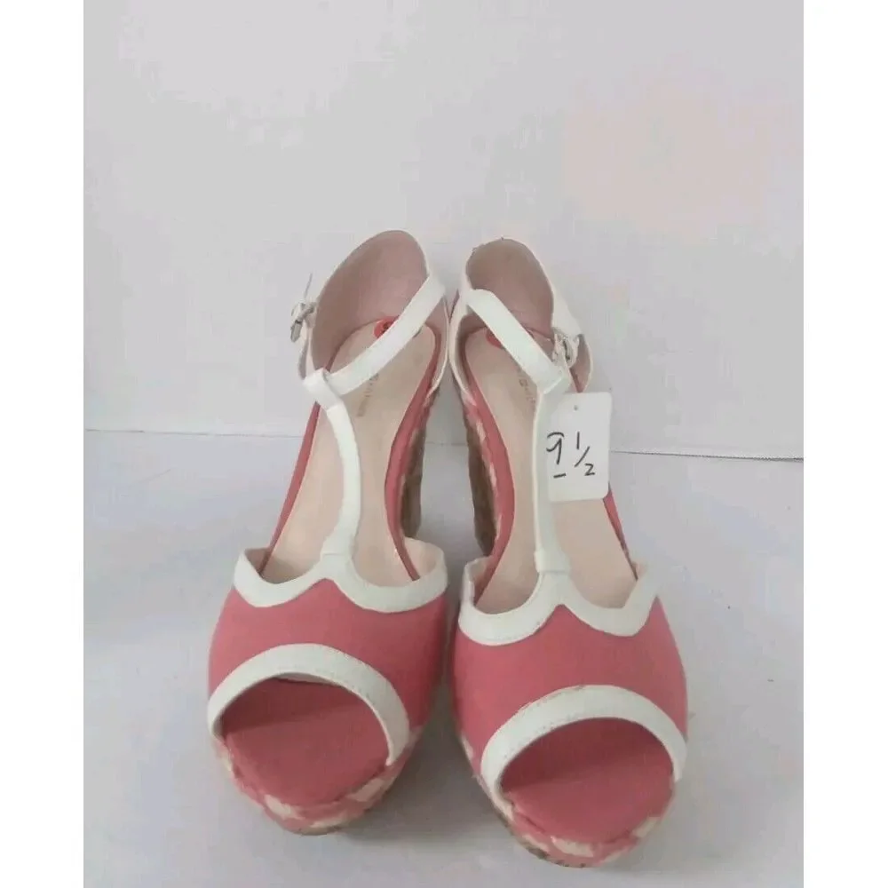 Retro Coral Pink White T-Strap Cork Wedge Sandal Peep Toe Summer‎ Shoes Size 9.5